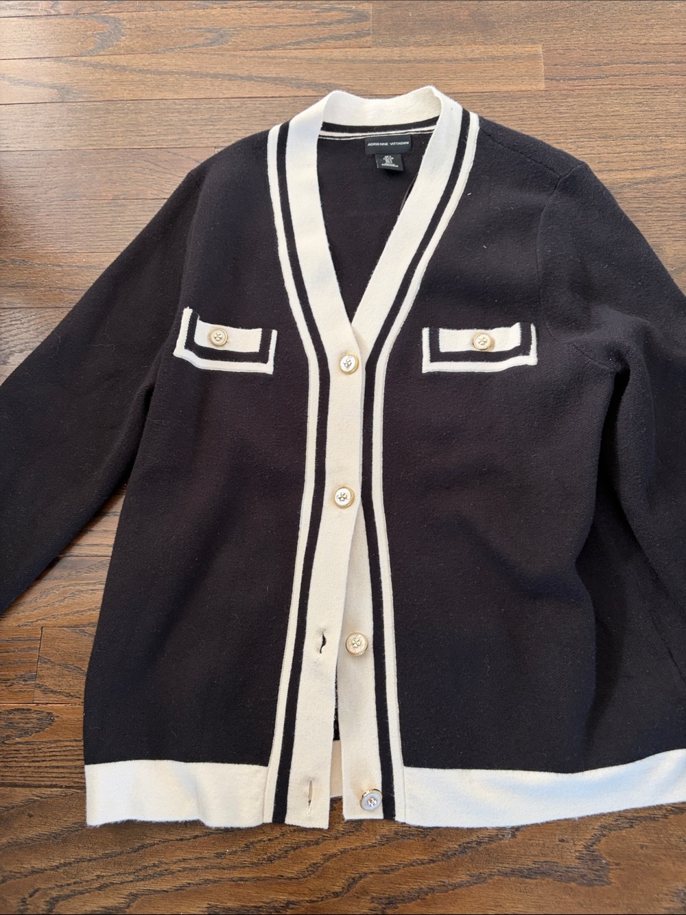 Adrienne Vittadini Black Cardigan with Cream Trim